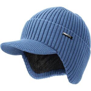 Men & Women Blue Beanie with Brim and Ear Flaps Fleece-Lined Hat